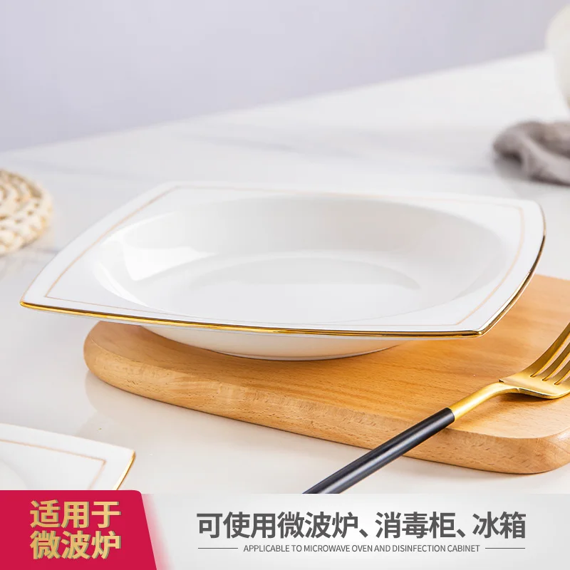 White Tableware Bone China Plate Golden Edge Square Dinner Plate Dining Room Decorative Plate Household Dish Western Food Plate