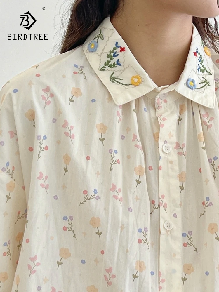 New Summer Cotton Long Sleeve Shirt Lapel Embroidery Tops Mori Girl Casual Loose Preppy Style Sweet Blouse 2024 Autumn T47351QC