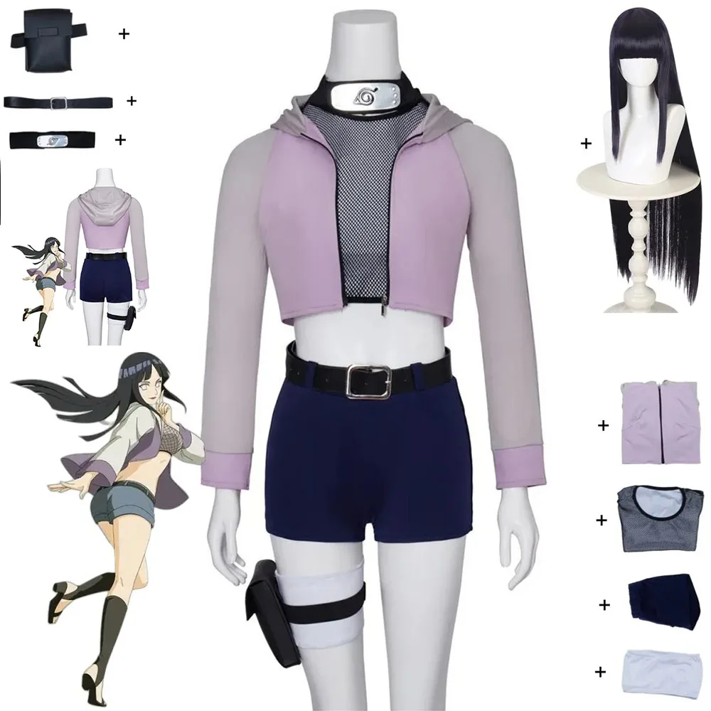 Anime Hyuga Hinata Cosplay Costume Hyuuga Ichizoku Purple Hooded Hoodies Coat Shorts Wig Sexy Carnival Halloween Party Suit