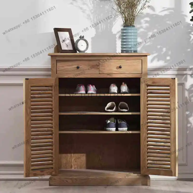 Large-capacity entrance cabinet at home door, retro and old solid wood shutter door, locker