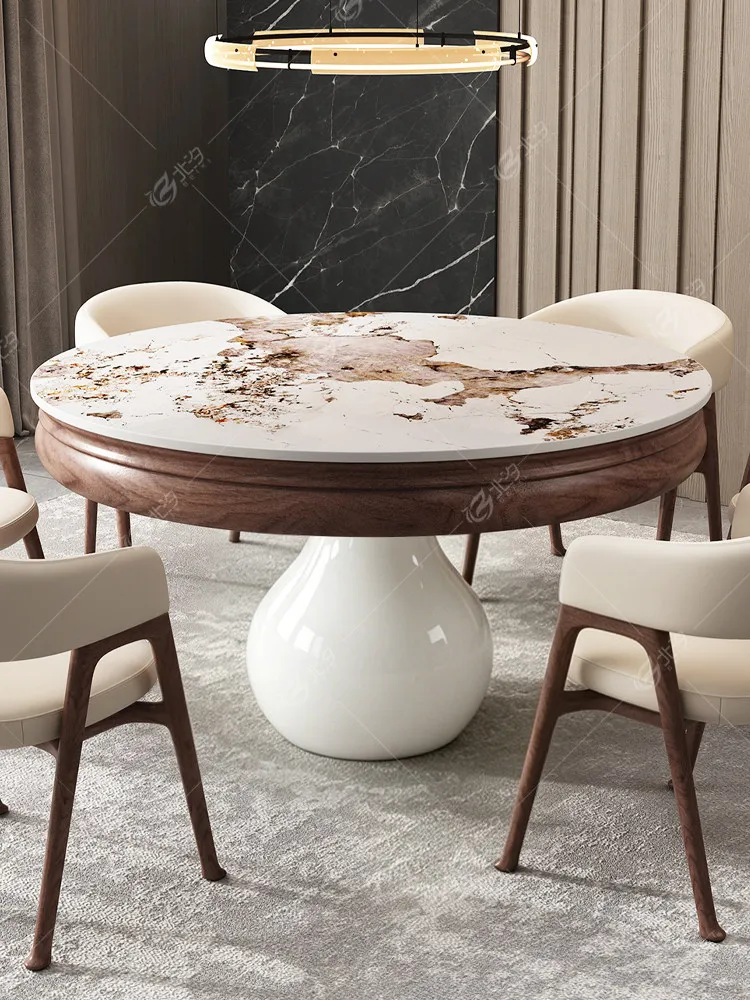 Retractable expansion round table deformation dining table rotation becomes larger high-end marble vase dining table