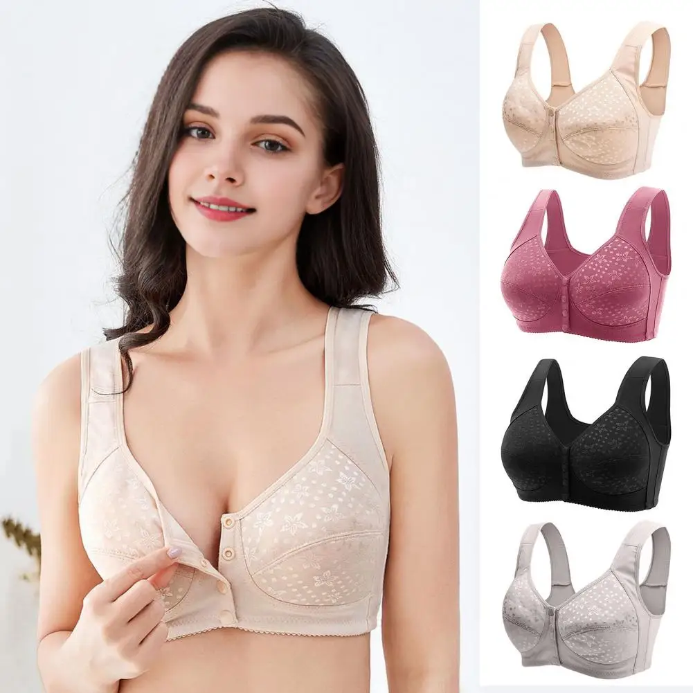 

Women Bra Elastic Wide Shoulder Strap Front Button Closure Lace Shockproof Push-up Anti-snagging Wireless Yoga Bra