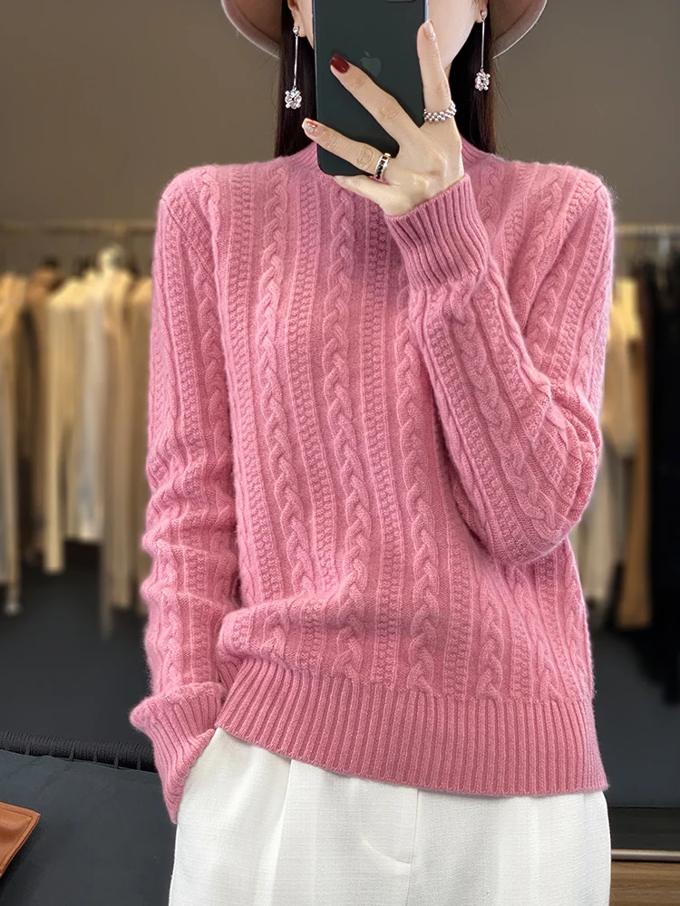 

Autumn Winter 100% Merino Wool Women Sweater Mock Neck Pullover Twist Flower Soft Warm Female Cashmere Knitwear Korean Fashion