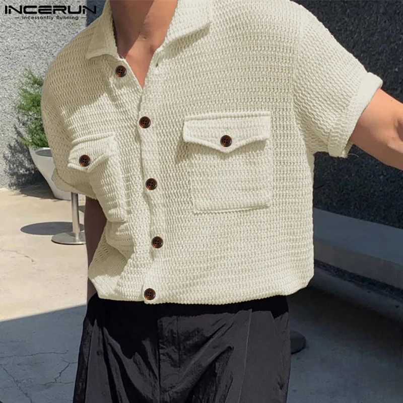 INCERUN Tops 2024 Korean Style Men's Mesh Hollow Double Pocket Design Shirts Casual Streetwear Solid Short Sleeved Blouse S-5XL