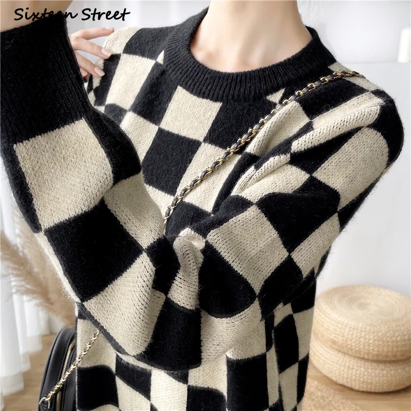 Checkerboard Plaid Knitted Dress Women Winter Oversized Chic Long Sweater Dresses Ladies Autumn Loose Streetwear Knitwear