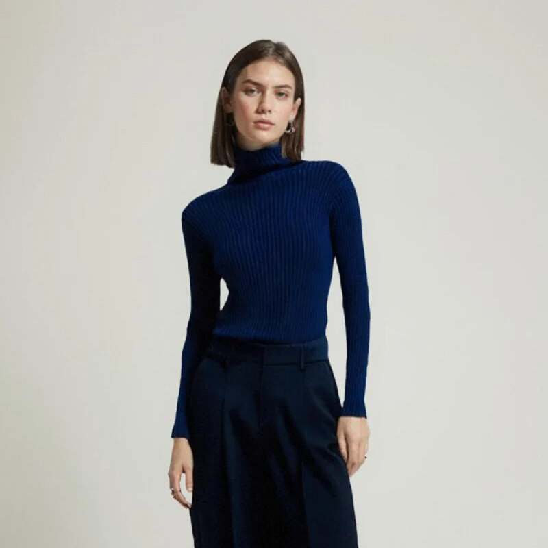 Ribbed Turtleneck Sweater Women Cotton High Neck Jumper Pullover Knitted Tops With Thumb Hole