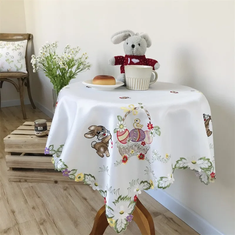 

EMD KONI Embroidered Bunny Egg theme tablecloth, Easter Party tablecloth, Family table flag, tray mat side cabinet cover