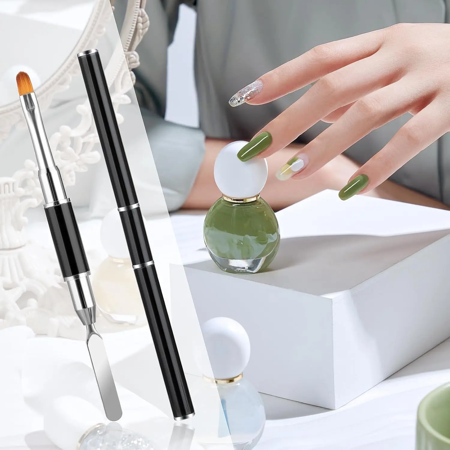 Poly Gel Brush Pen Dual Ended 2 IN 1 Ontwerp Nagelborstel en Spatel Roestvrijstalen Gel Nagelborstel voor Nagels Verlenggel