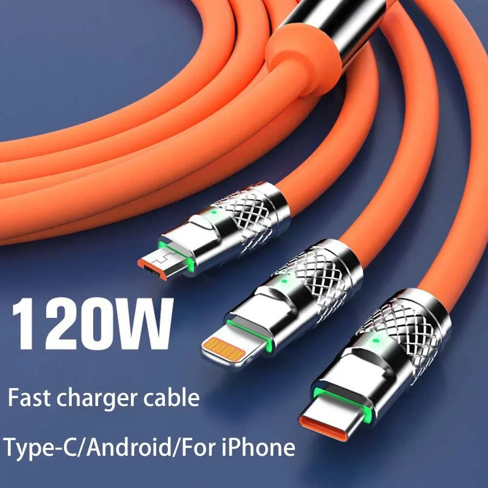 3 W 1 kabel USB 6A 120W kabel USB do szybkiego ładowania dla Iphone Samsung Huawei Xiaomi Multi Port przewód do ładowania wielokrotnego