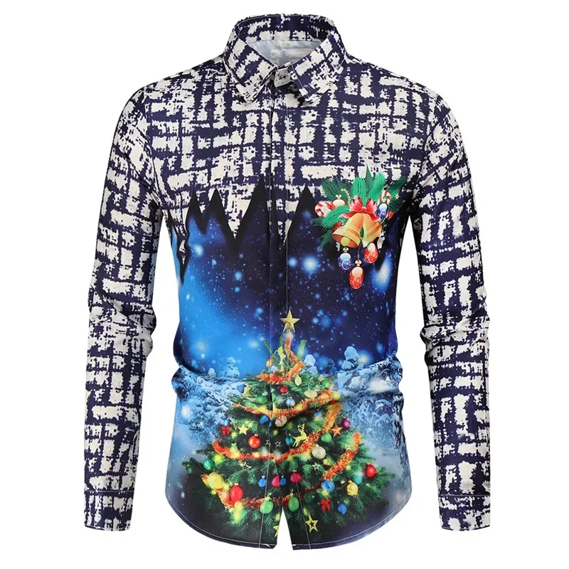3D Printed Snowman Snowflake Hawaiian Shirts Men Christmas Tree Pattern Aloha Shirts Casual Loose Long Sleeve Blouse Lapel Tops