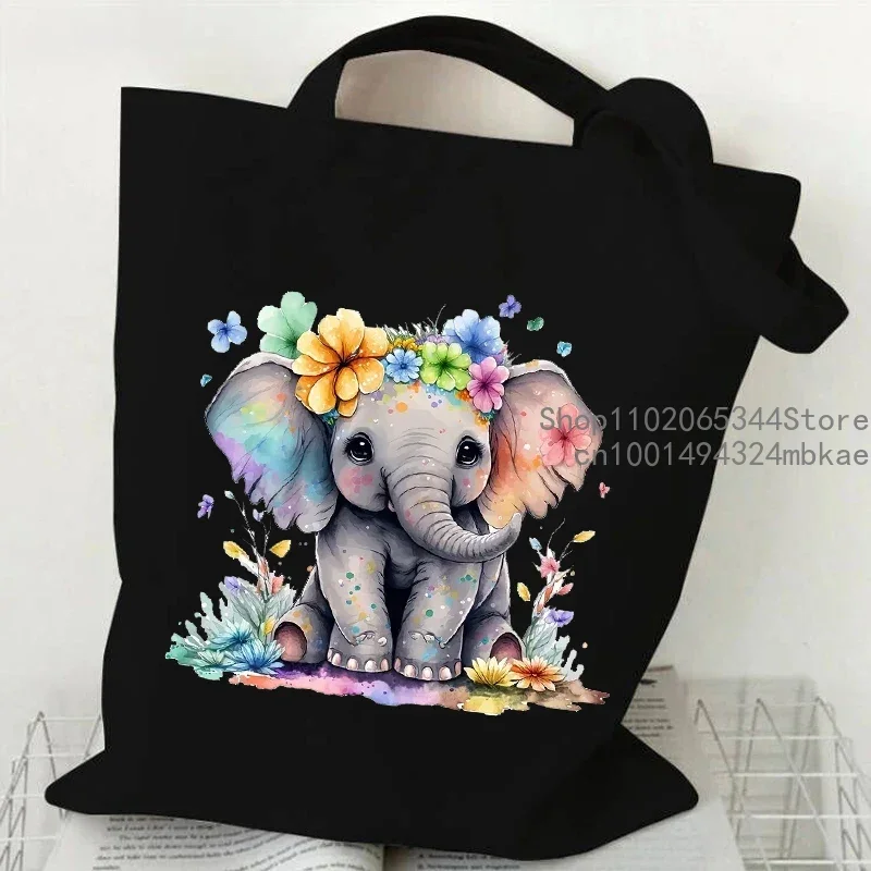 1 unidad de bonitos bolsos de mano con elefante de acuarela para mujer, bolso de compras Vintage de dibujos animados Harajuku, bolsos de hombro con