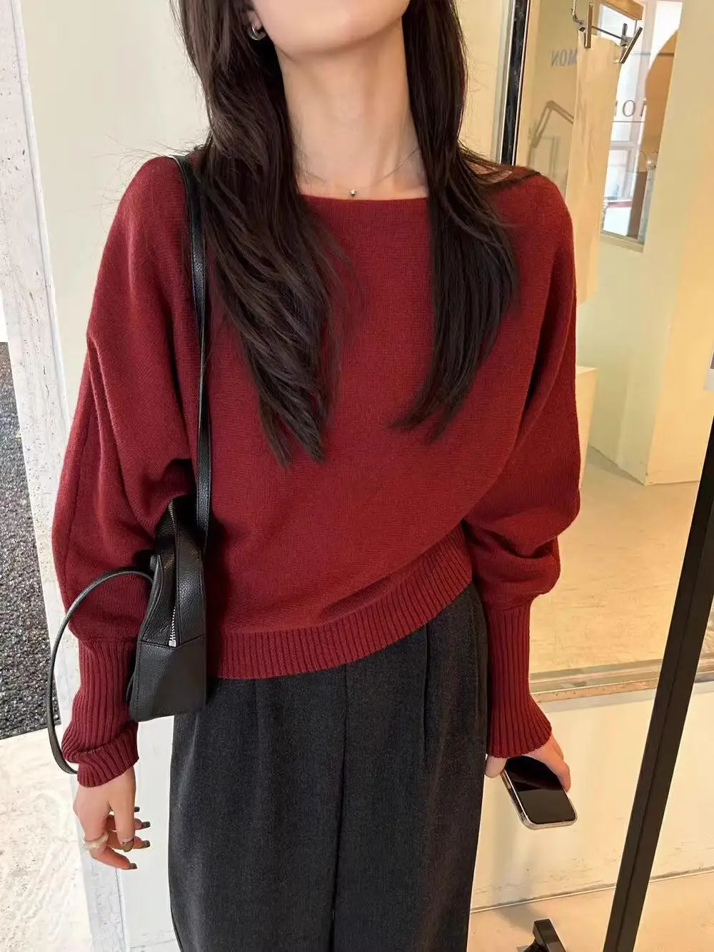 

Корейская нежная трикотажная рубашка с одним воротником и рукавами-фонариками спереди и плеч для осеннего и зимнего темперамента, базовая рубашка с притягивающей талией