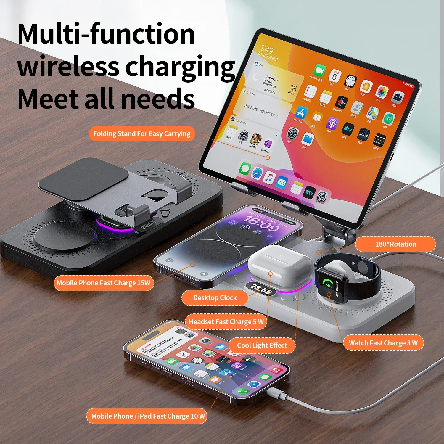 6 in 1 Fast Wireless Charger Desktop Tablet Holder LED Light Clock Type C Port For Magsafe iPhone 16-12 Apple Watch 9/8 AirPods