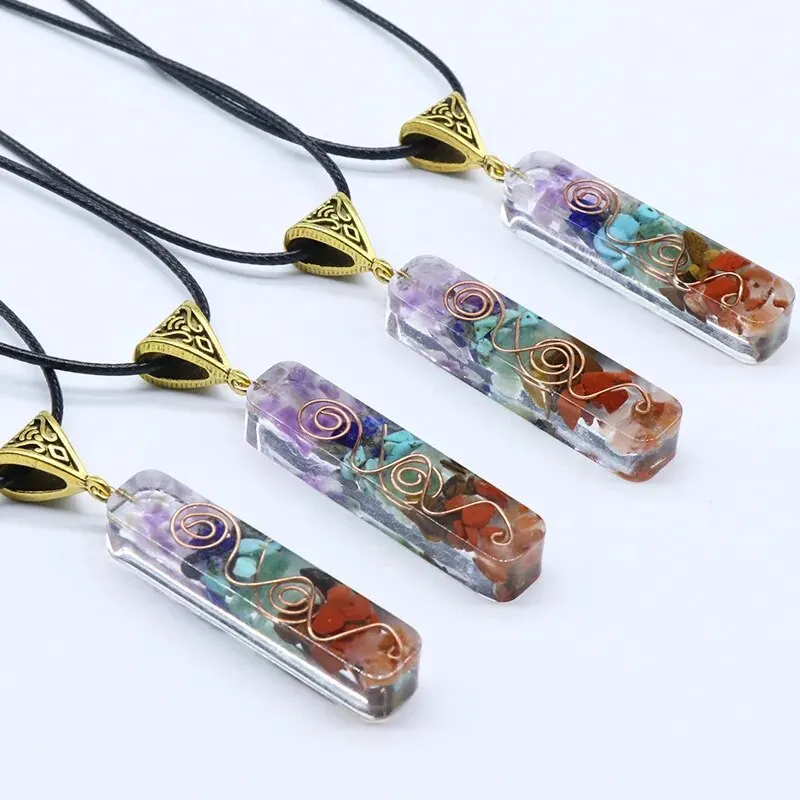 2pcs/Set 60x10mm Natural Colorful Crushed Stone Quartz Necklace Resin Wrapped Natural Stone Pendant 55x16mm Jewelry Accessories