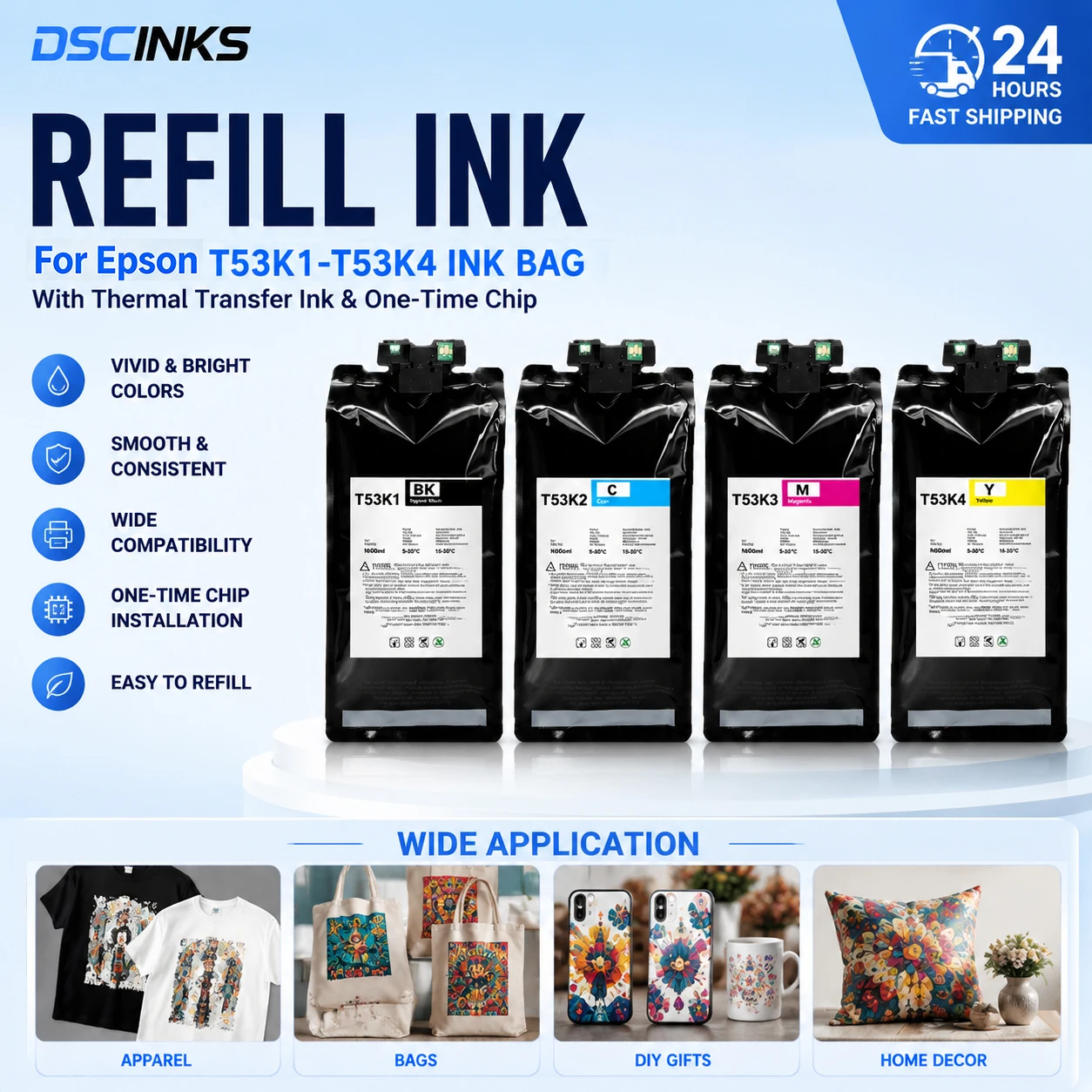 Ink Bag Ink Supply Unit With Full Sublimation Ink Chip T53K1-T53K4 For Epson SureColor F6470 F6470H F9570 F9570H 1.6L Each Bag