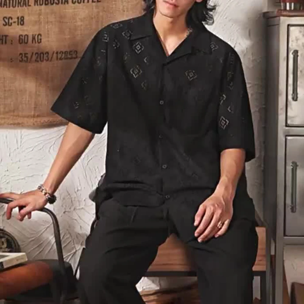 

Summer New Men's Solid Color Hollow Short-Sleeved Shirt American Retro Fashion Trend Leisure Loose Breathable Niche Men's Tops