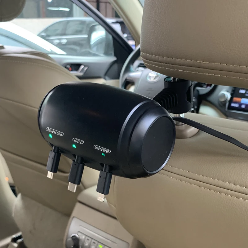 New Car Taxi Headrest Backseat Retractable Cord 3 in 1 Power Charging Station Car Charger Type C Micro USB for phone tablet