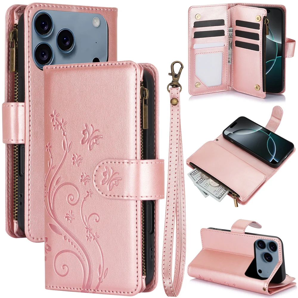Luxuriöse Flip-Leder-Handyhülle für iPhone 17E 16E 17 Air 16 15 Plus 14 13 12 11 Pro Max XS XR mit Kartenfach und Geldbörse