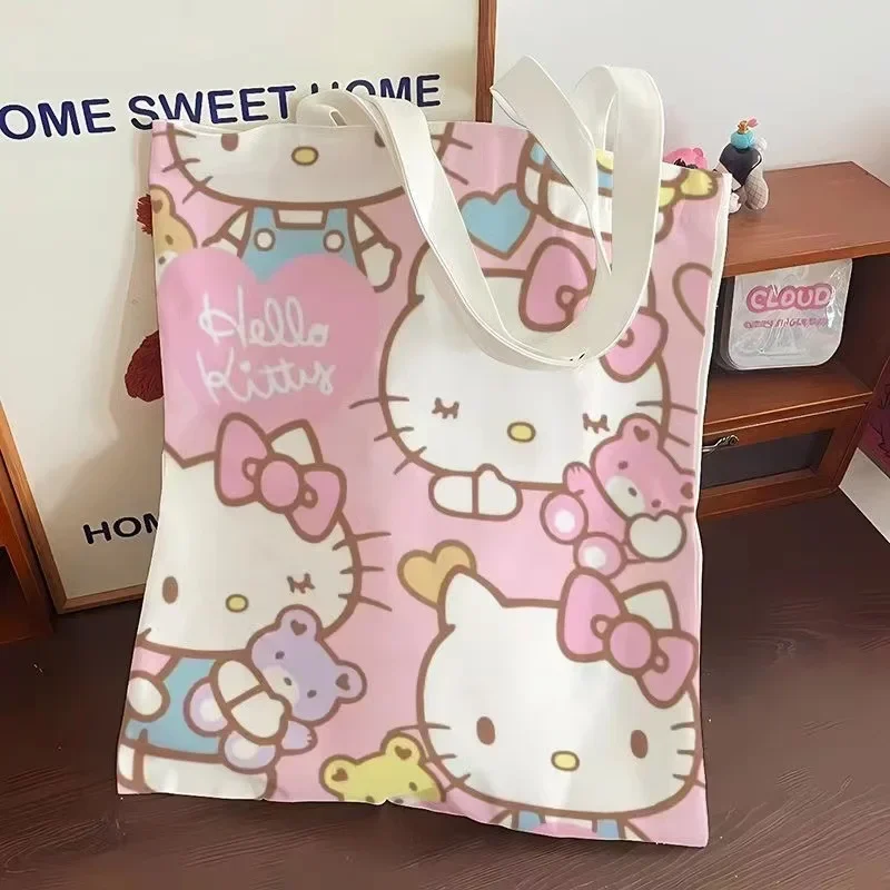 Sanrio Anime Cartoon Canvas Bag Hello Kitty Girls Shopping Large Capacity Daily Versatile Single Sided No Zipper Kawaii Handbag