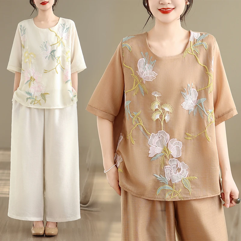 

Elegant Embroidered plus Size Women's Clothing Set round Neck Shirt And Wide Leg Pants Two Piece Suit Spring Summer New Arrival