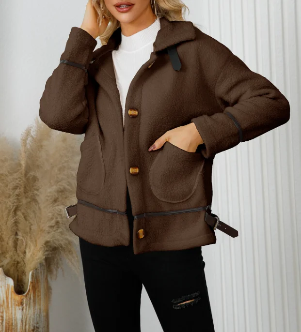 Winter Women's Long Sleeve Lapel Button Lamb Wool Jacket Temperament Commuting Female Clothing Fashion Casual Thick Coat
