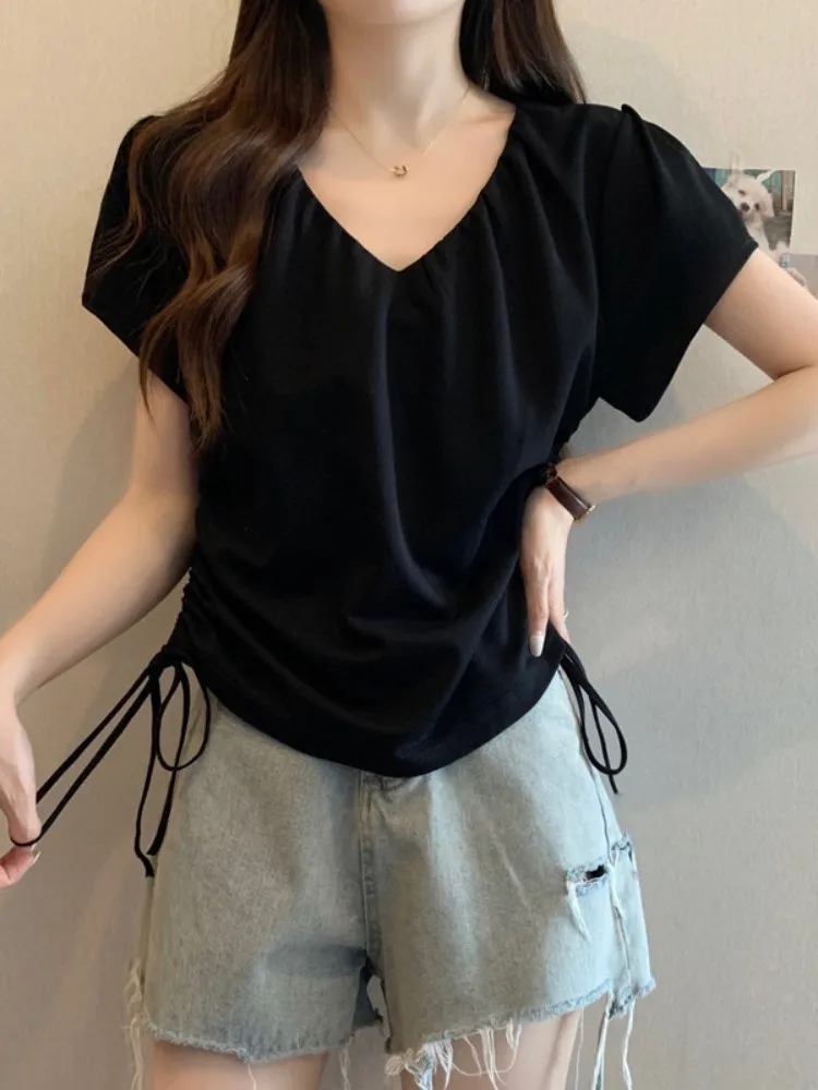 Slimming V-Neck Short Sleeve T-Shirt Women's Summer Fashion plus Size Conceals Belly Drawstring Casual Korean Style Cotton Top