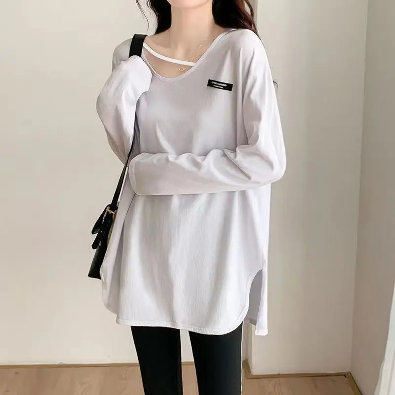 

Women's O-neck Long Sleeve T-shirt, Loose Fitting Clothes, Soft Mid Length Top, Monochromatic, Casual, Fashion, Autumn