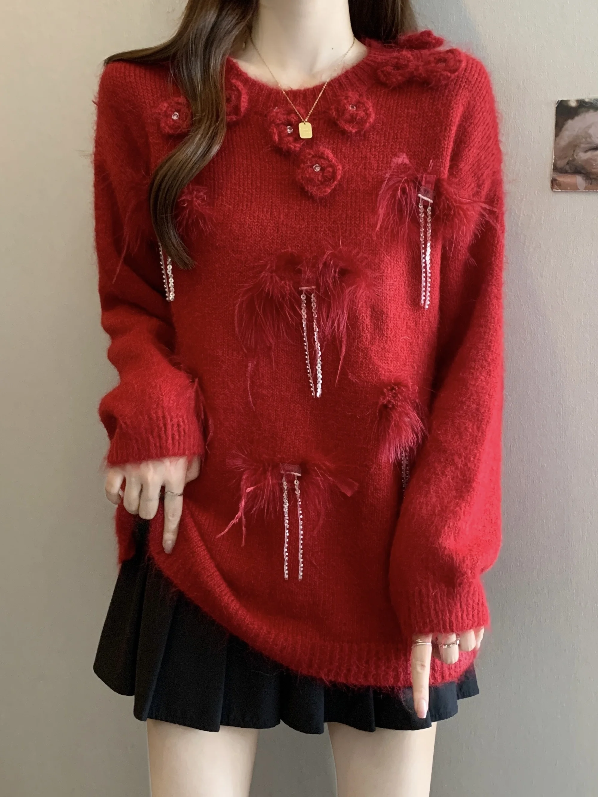 

Красный женский вязаный свитер с 3D цветком Long Sve, осень-зима, антивозрастной, большие размеры, меховой свободный крой, круглый топ Ne