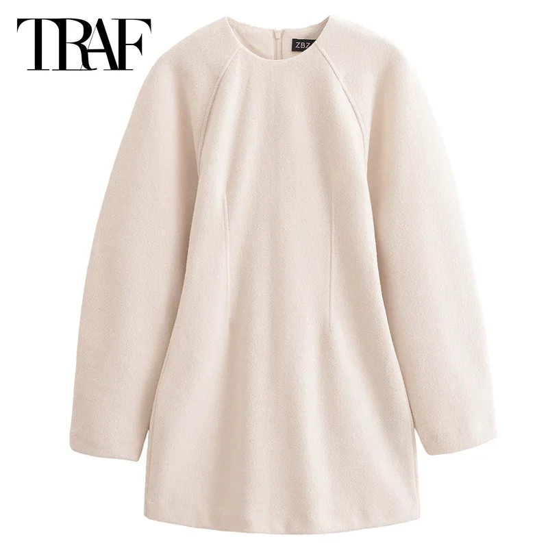 

TRAF Women's Dress Women 2024 Tweed Dresses Off White Mini Dress Autumn O-Neck Long Sleeve Dresses Solid Casual Women's Dresses