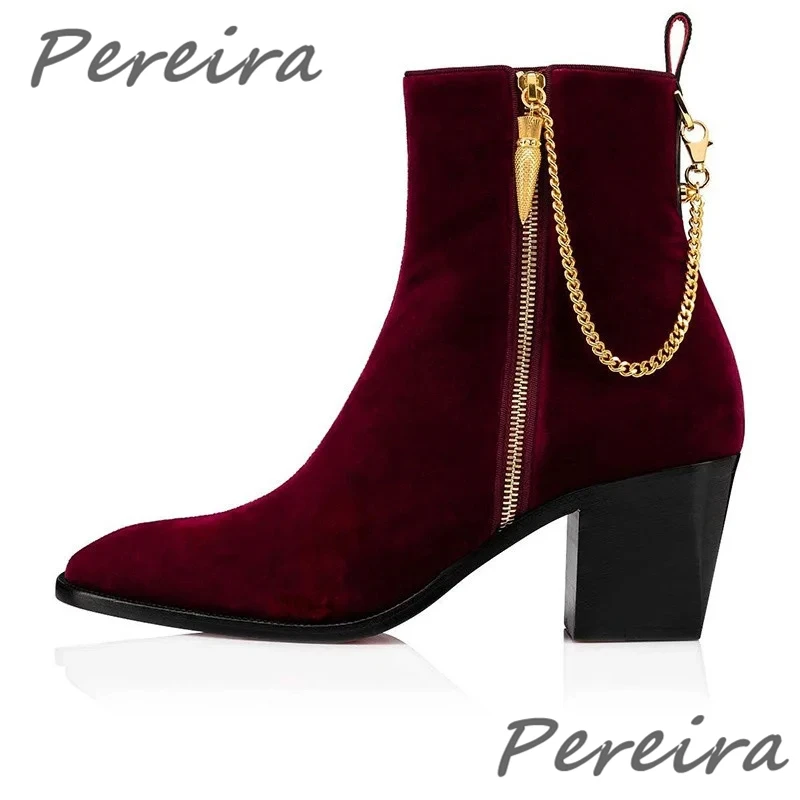 Men Suede Ankle Boots Gold Chain Black Red Velvet Pointed Toe High Heel Shoes Luxury Genuine Leather Side Zipper Chelsea Boots view 2