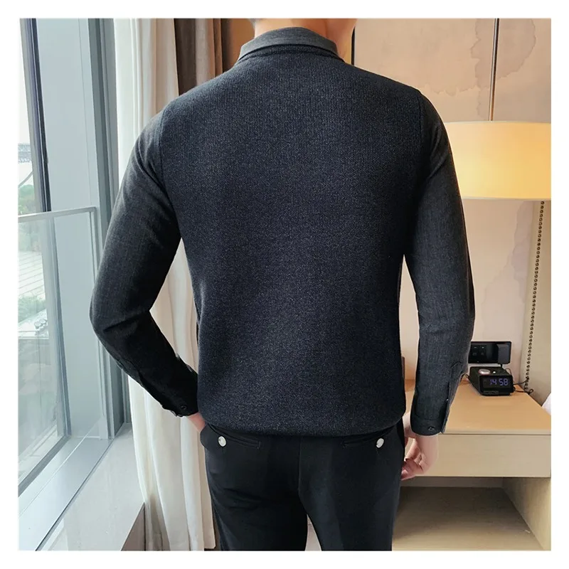 Men's Old Money Style Fake Two-Piece Sweater - Classic Collared Knit Pullover with Fleece Lining for Autumn & Winter Elegance