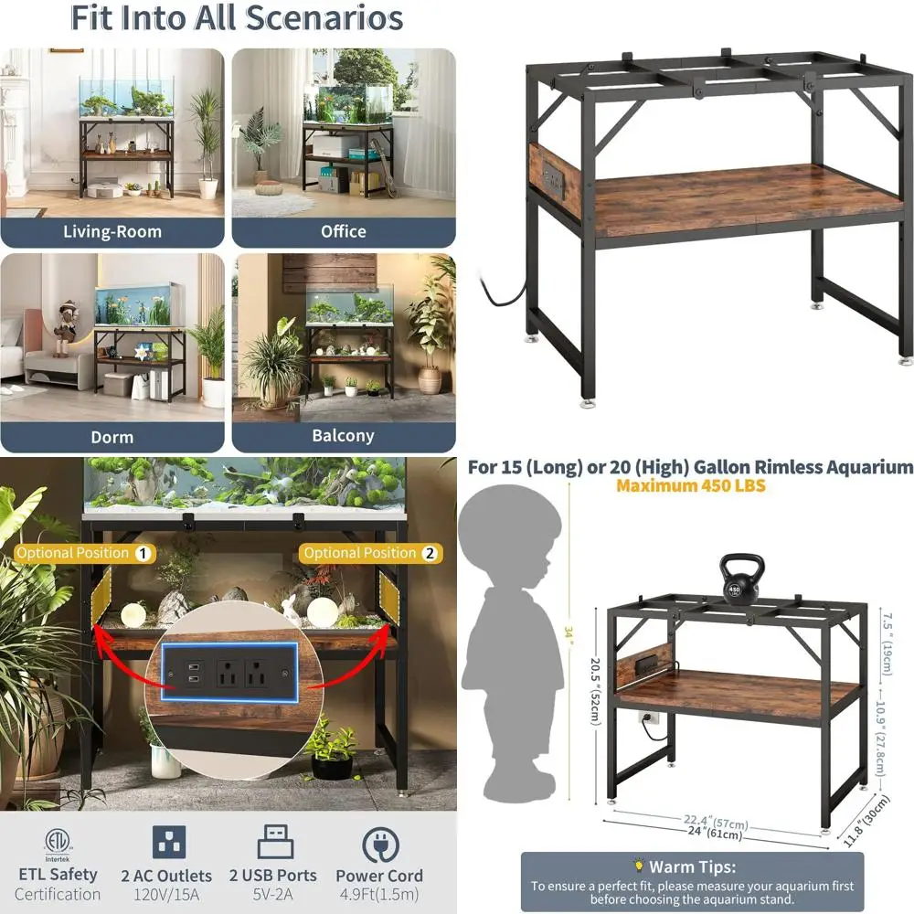 

Durable 15-20 Gallon Aquarium Stand with 2-Tier Shelves, Power Outlets, and 450 lbs Capacity in Rustic Brown
