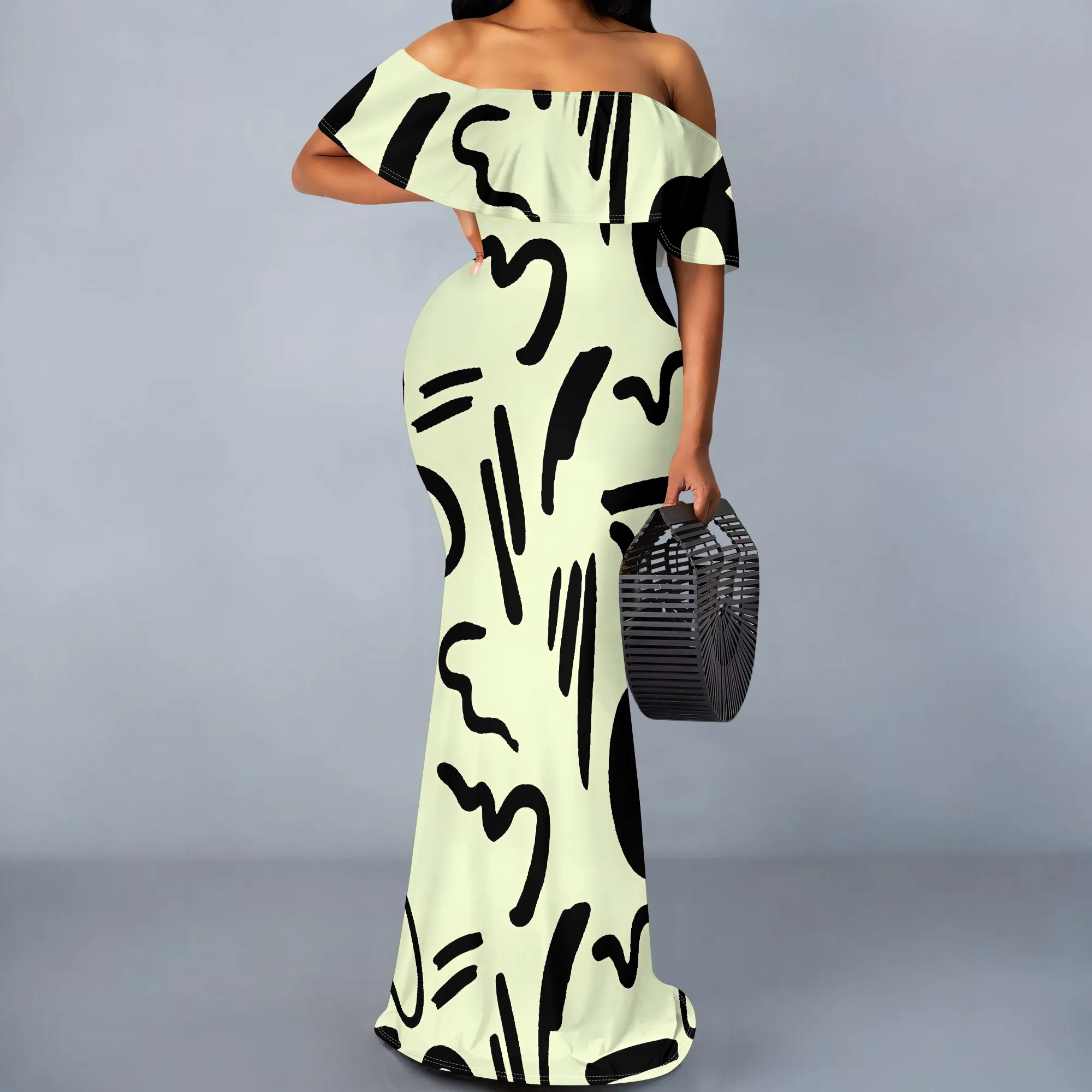 Vestido largo con hombros descubiertos y estampado abstracto en blanco y negro, vestidos largos informales de talla grande para playa de verano para mujer