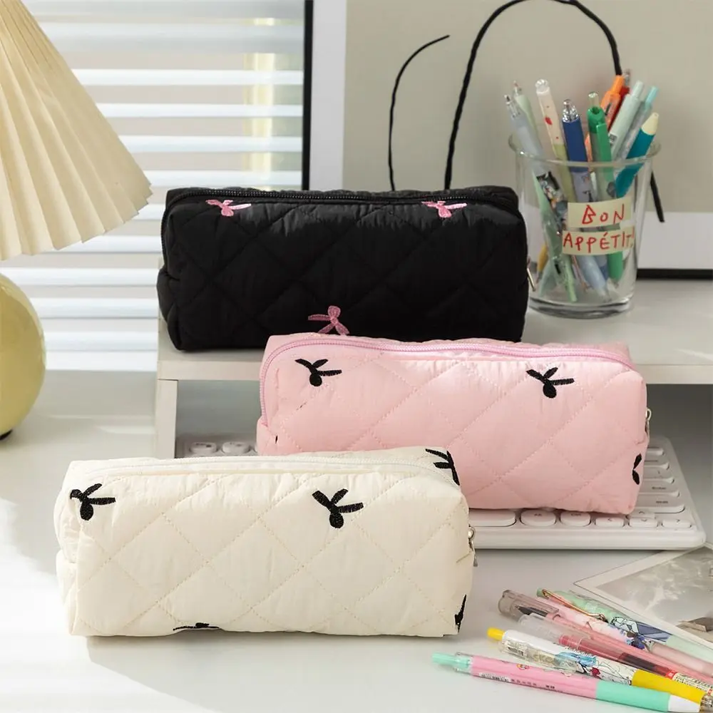Large-Capacity Cotton Floral Student Pen Pouch Quilted Bow Pencil Bags Stationery Supplies Handbag Small Cosmetics Storage Bag