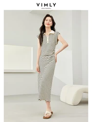 Vimly Casual Striped Sleeveless Long Dress Women 2024 Fashion Polo Collar Side Ruched Waist Summer Dresses Womans Clothing M6876