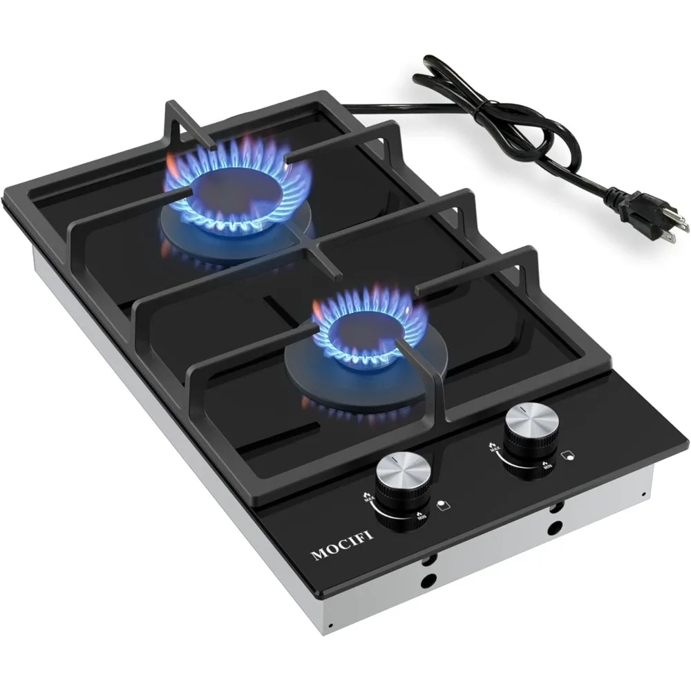 Estufa de gas de 2 quemadores, estufa de combustible doble de propano/GPL/NG integrada de 12 pulgadas, placa de vidrio templado negro con protección de termopar y A