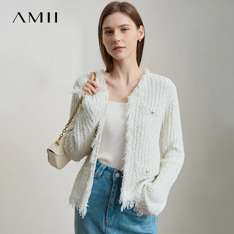 Amii Minimalist Tassel Front Shoulder Long Sleeve Women's Cardigan 2025 Spring New Commuter Splicing Short Straight Top 12551057