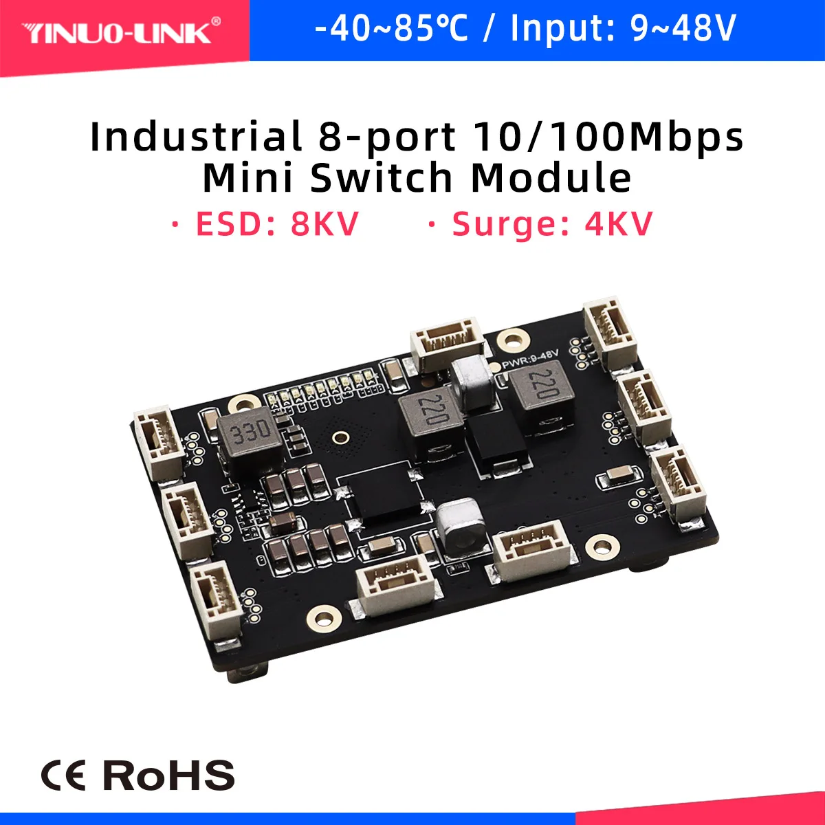 YINUO-LINK_YN-IES10801 Non-Managed 8-Port Mini Industrial Switch Module ESD-8KV Contact 10/100Mbps Fast Ethernet Switch Board