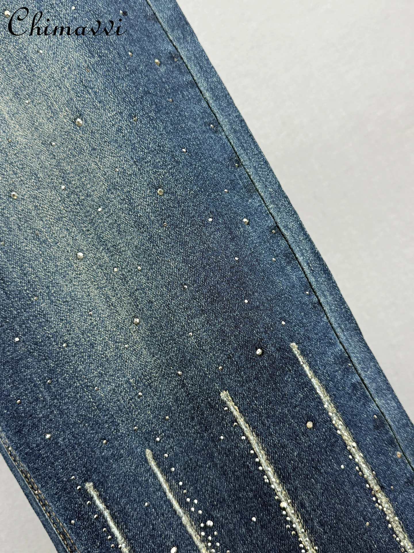 Heavy Rhinestone Jeans Women Straight-leg Pants 2025 Autumn New Fashion High-waisted Loose Slim European Extended Length Pants
