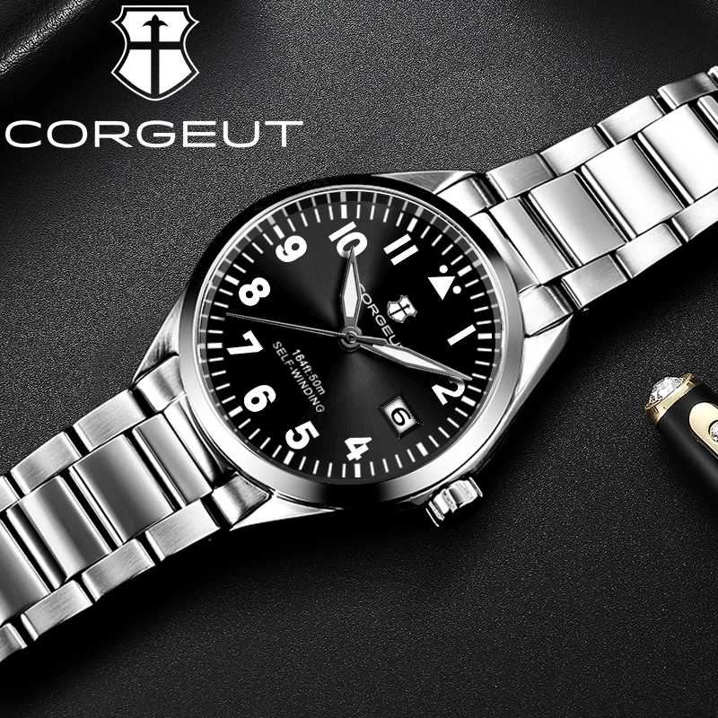 CORGEUT NH35 41MM Luxury Smooth Business Mens Watch Automatic Mechanical Artificial Sapphire Glass Waterproof Date Watch for Man