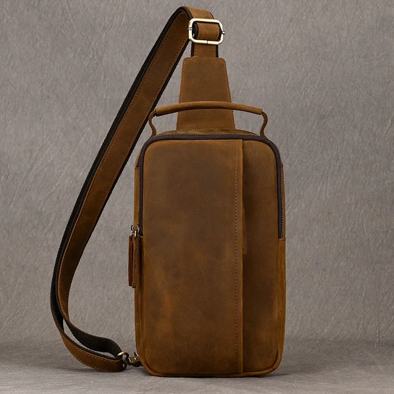 

Crazy horse leather chest bag leather men's bag vertical small body bag top layer cowhide retro personality casual men's pack