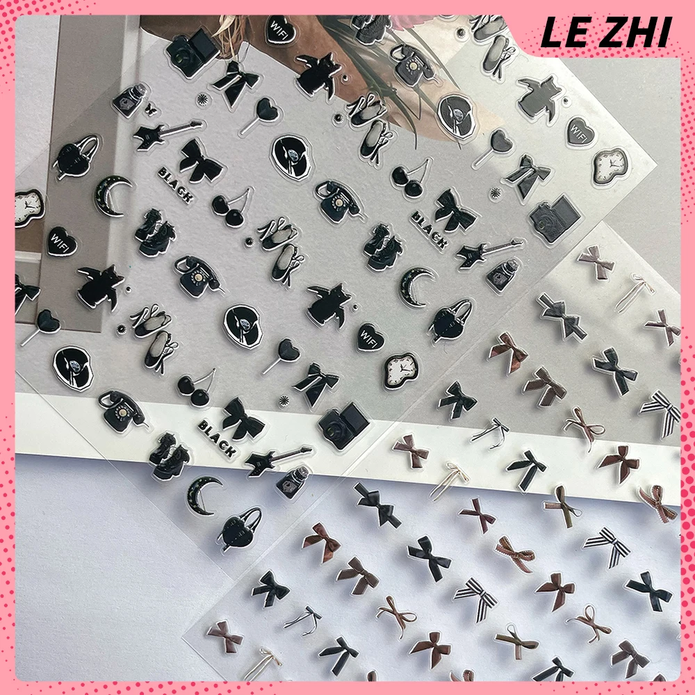 Black Bowknot Retro Self Adhesive Nail Art Stickers Diy High Quality Mini Kawaii Moon Telephone Heart Nail Art Decorations