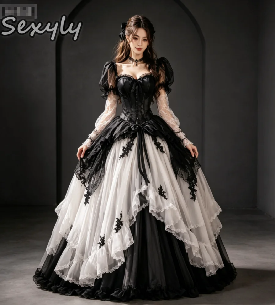 Vintage Gothic Black White Wedding Dress 2026 Puff Sleeve Ball Gown Corset Lace Tiered Tulle Lolita Bridal Gown Medieval Cosplay