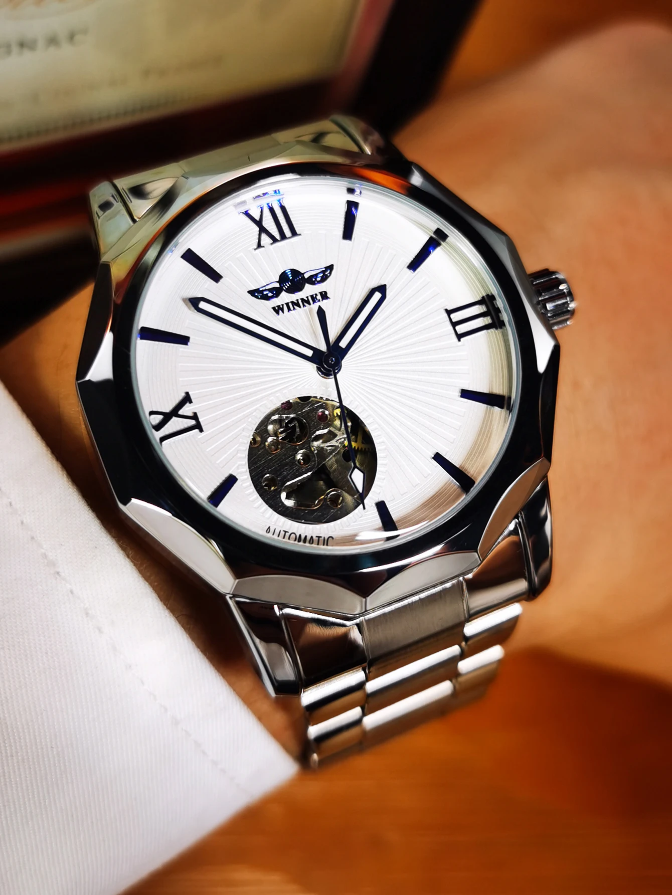 WINNER Fashion Business Mechanical Watches Luxury Irregular Skeleton Automatic Mens Watch Stainless Steel Leather Strap Luminous