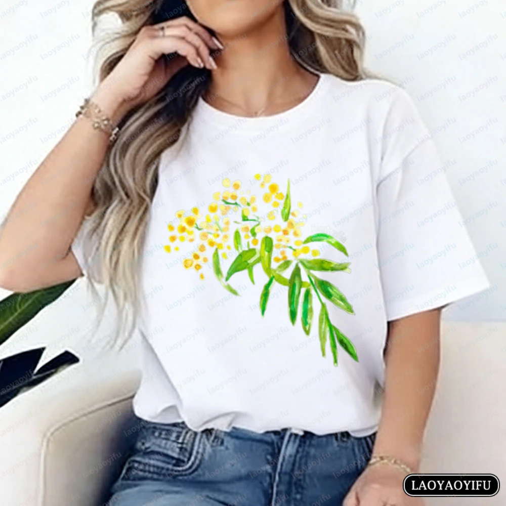 Australian Wattle Floral Cotton T-Shirt Watercolor Harajuku Graphic Tee Summer Casual Tops Down Under Printed Shirt for Women