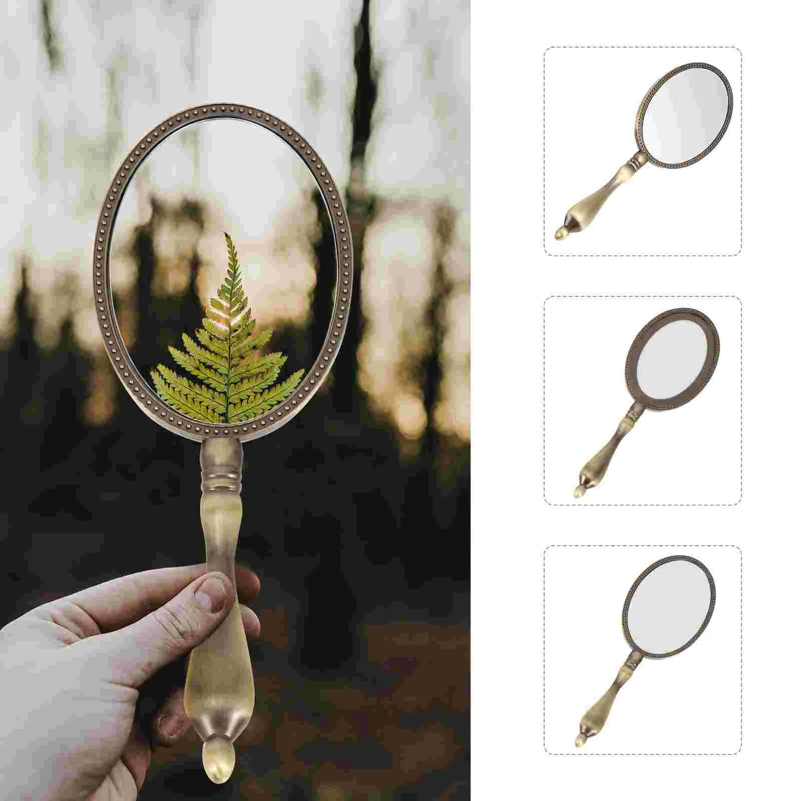 Zinc Alloy Handheld Makeup Mirror com alça, espelho retro, vaidade do metal, beleza vintage, espelho de viagem