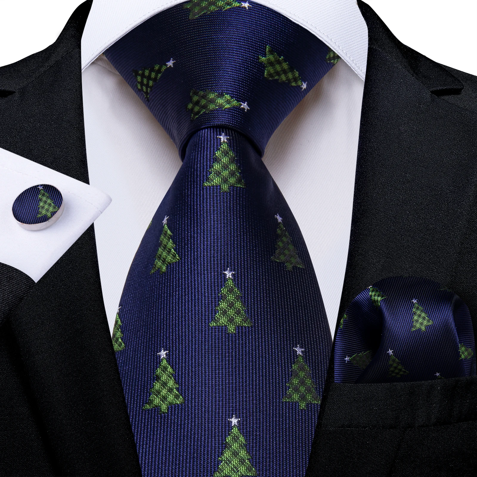 Luxury Men's Tie Christmas Necktie Pocket Square Cufflinks Set Christmas Tree Blue for Male Men Wedding Business Party Gift