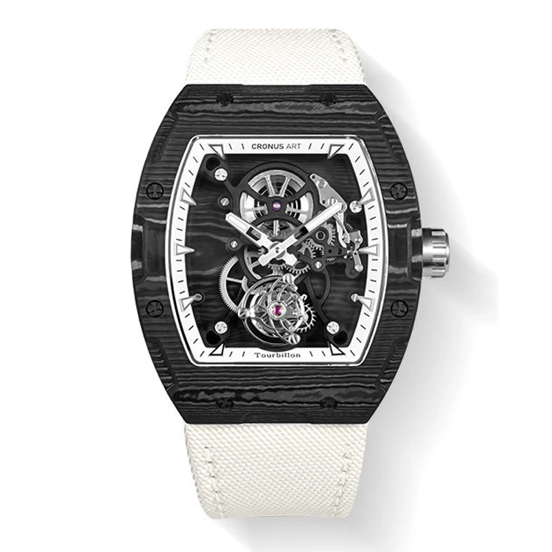 CRONUSART Men Tourbillon Watch 50mm Tonneau Mechanical Wristwatch Carbon Fiber Case Sapphire Mirror Skeleton Dial Luminous