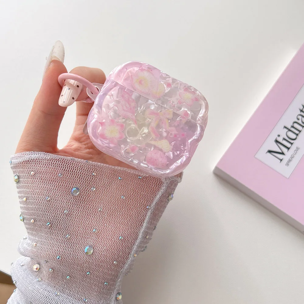 Korea Cute Pink Shell Texture Flower Pattern Wave Earphone Case for AirPods 1 2 3 4 Pro 2 3 Cover With Luxury Pearl Star Pendant - view 3