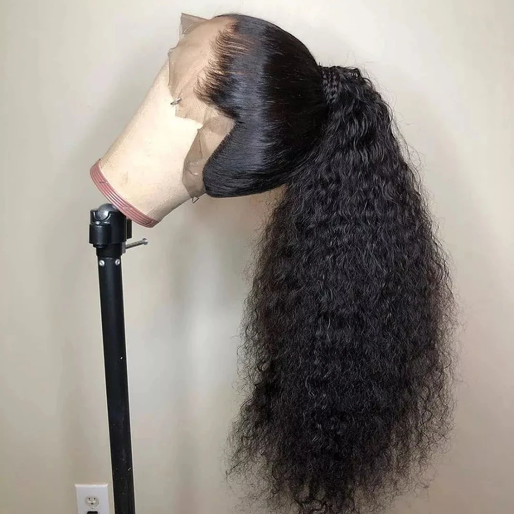 Hitam alami lembut tanpa lem 26 "panjang 180 kepadatan keriting renda depan Wig untuk wanita dengan BabyHair prepked harian Cosplay